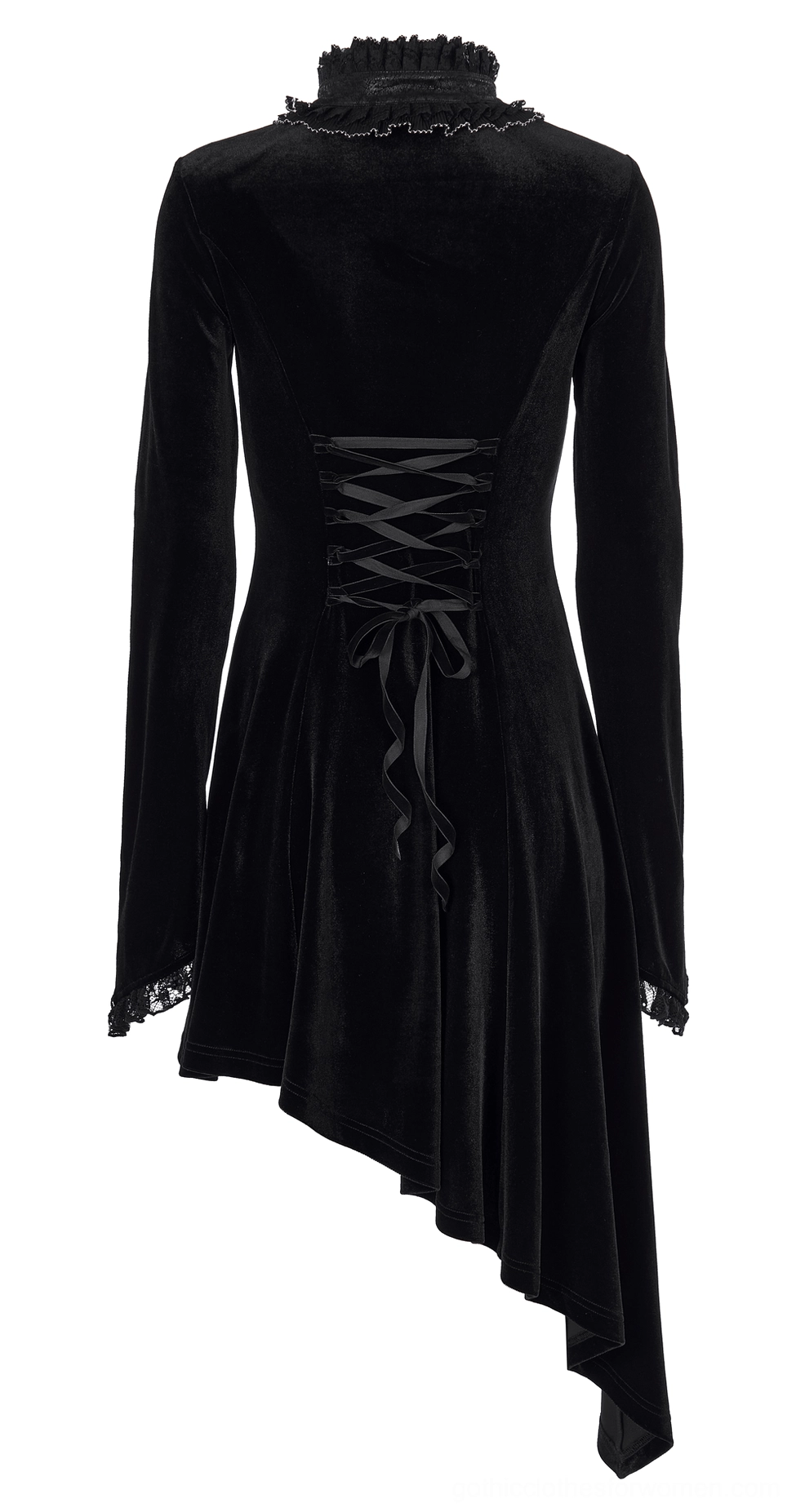 Rear flat view of black gothic velvet dress showing corset-style lace-up back and irregular hemline
