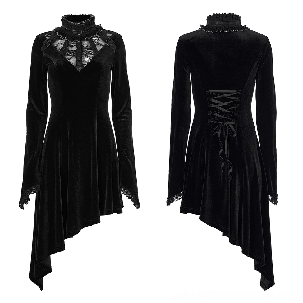 Flat lay front and back view of black velvet gothic dress showing cutout lace neckline and asymmetrical hemline