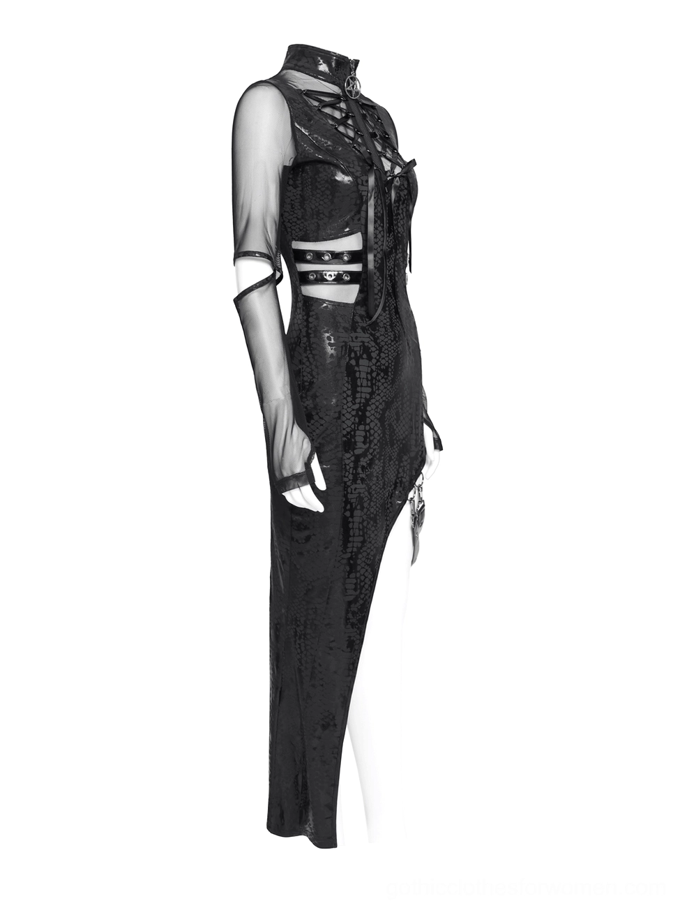 Black asymmetrical gothic dress side view on mannequin showing lace-up design, mesh sleeves, and high thigh slit