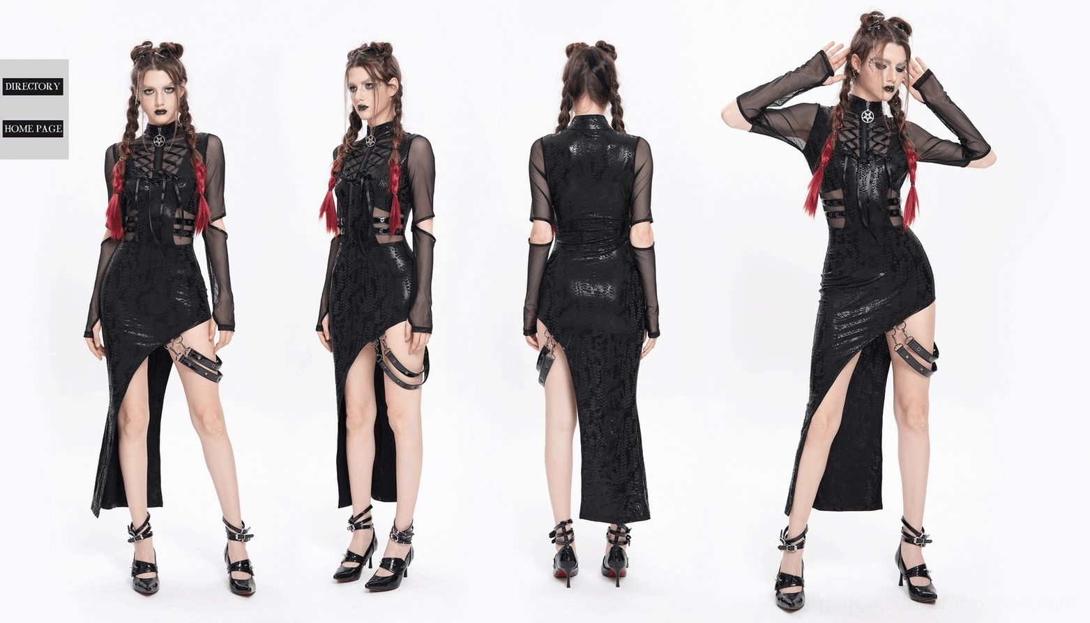 Black gothic asymmetrical dress model styling showcase with boots and alternative fashion accessories