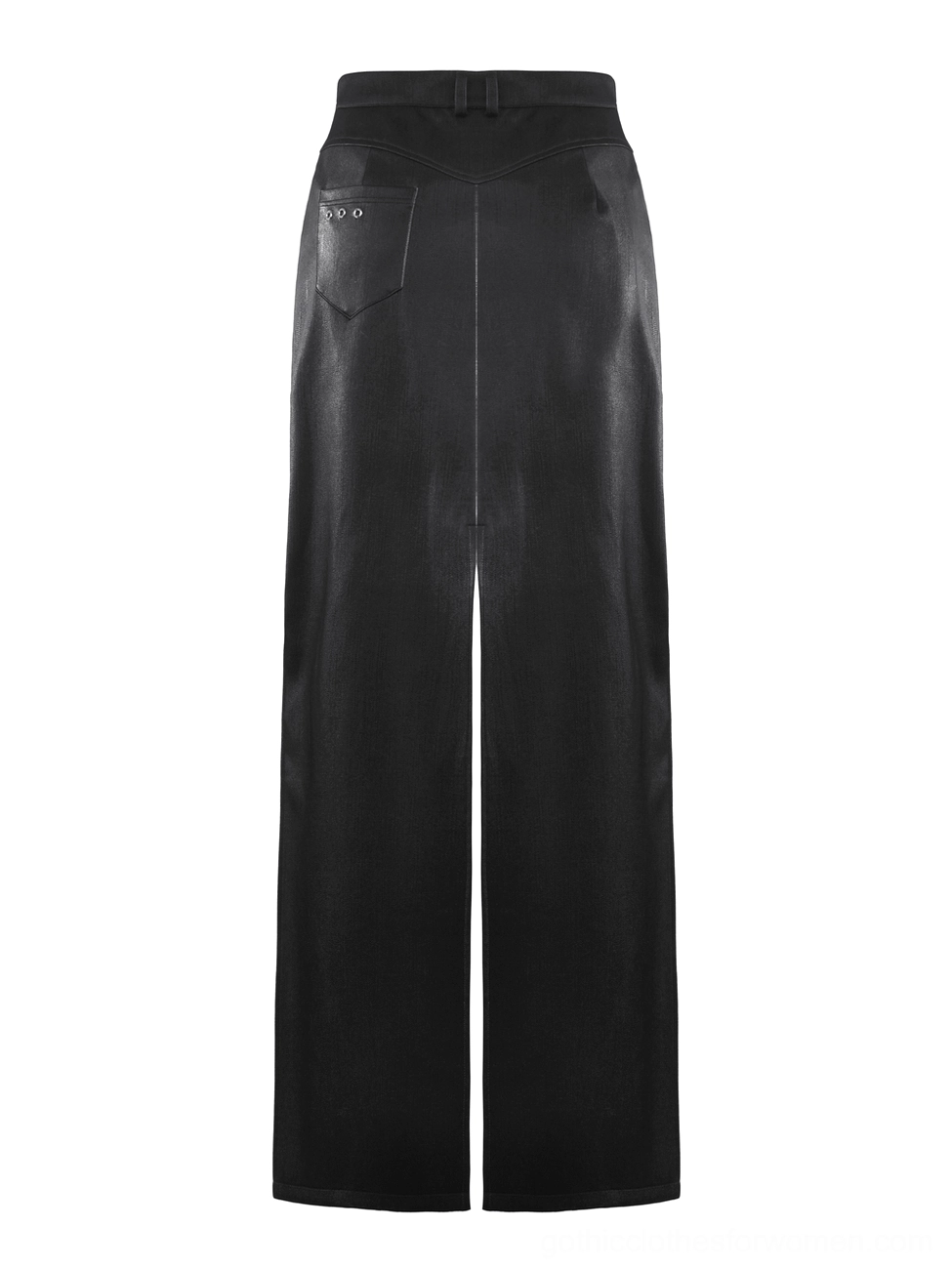 Wide-leg black PU leather gothic skirt flat lay back view showcasing back patch pocket and structured wide leg cut