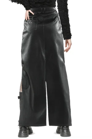 Wide-leg black PU leather gothic skirt back view showcasing smooth leather finish and decorative back pocket detail