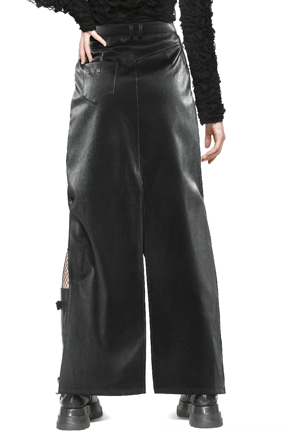 Wide-leg black PU leather gothic skirt back view showcasing smooth leather finish and decorative back pocket detail