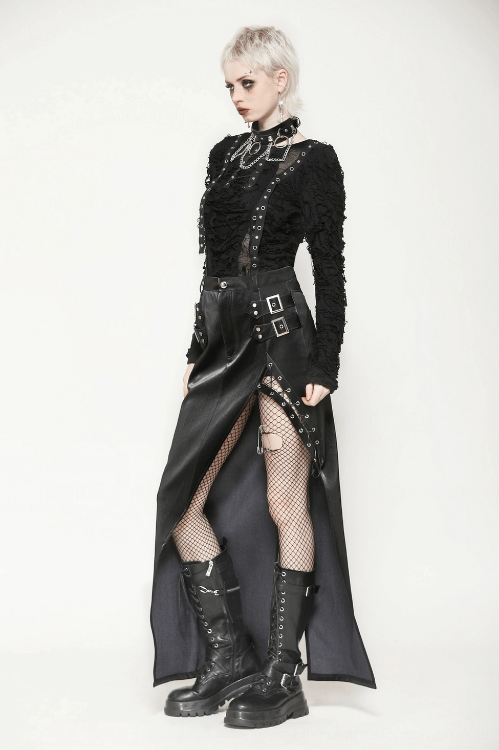Black asymmetrical PU leather gothic skirt full length view emphasizing edge detail and contemporary goth aesthetic