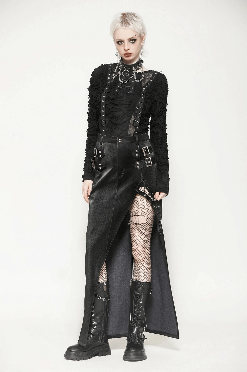 Black asymmetrical PU leather gothic skirt model wearing showing versatile styling potential and dramatic draping effect