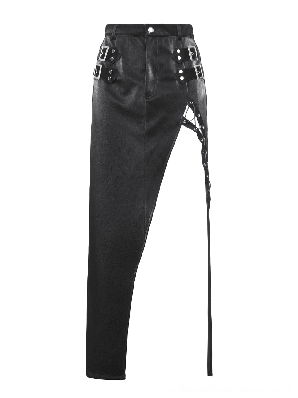 Black PU leather asymmetrical gothic skirt flat lay side perspective featuring metal buckle decorations and extended lace-up strap detail