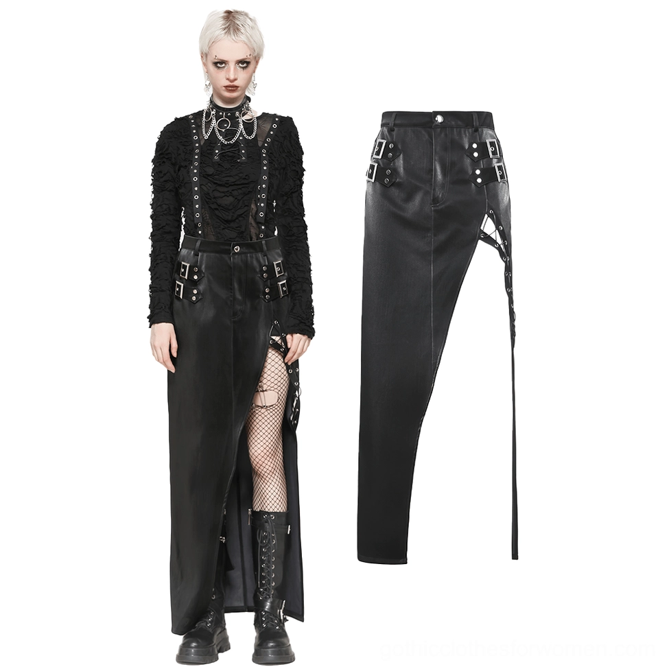 Asymmetrical black PU leather gothic skirt flat lay and model display showing front and side profile with lace-up strap and metal buckle hardware