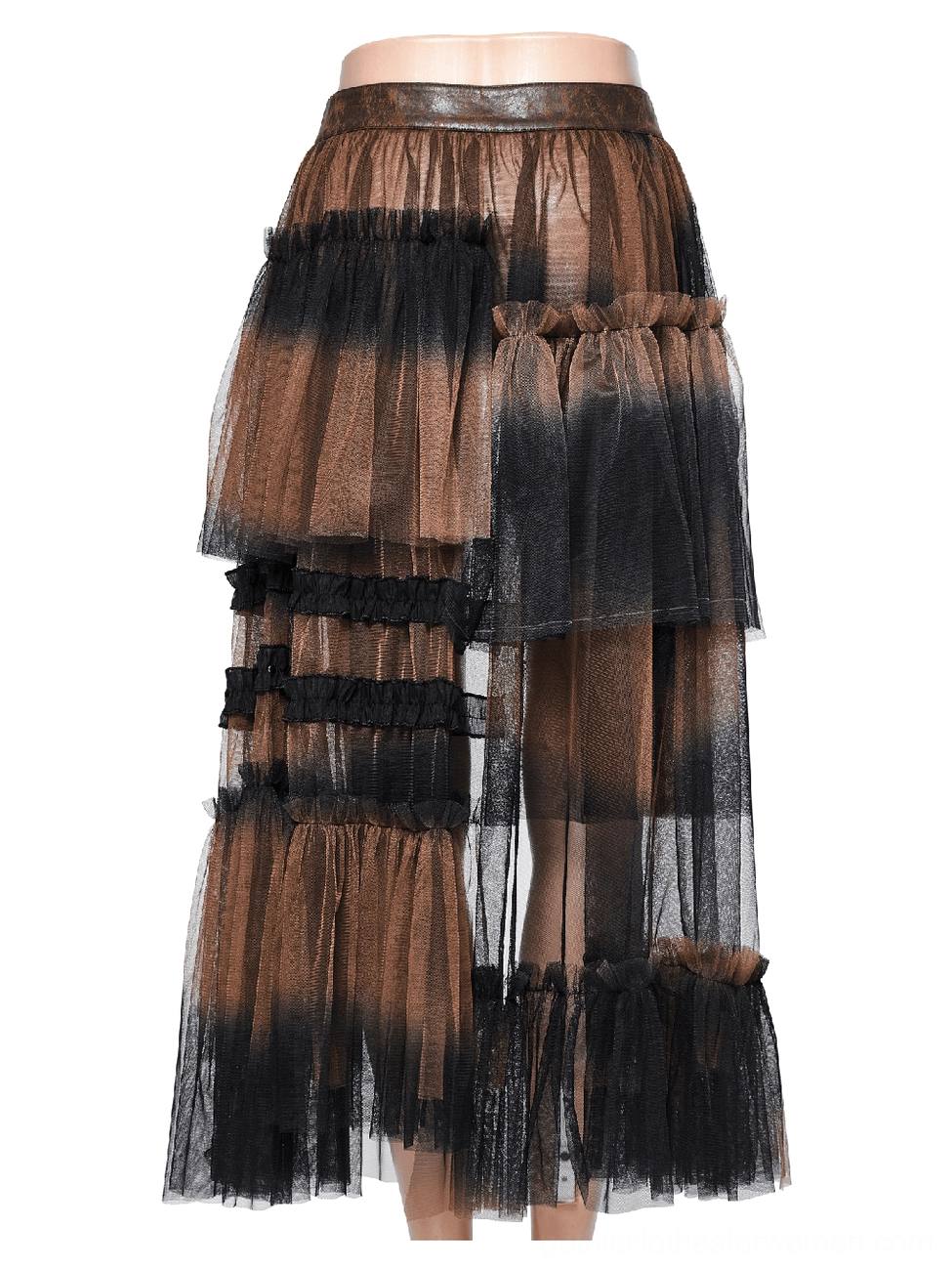 Layered mesh half skirt on mannequin, asymmetrical tulle panel details and high-low cut design in black-brown ombre with fitted waist