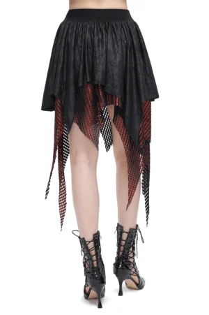 Asymmetrical gothic skirt back view showing irregular fishnet hem and ruched fabric waist construction
