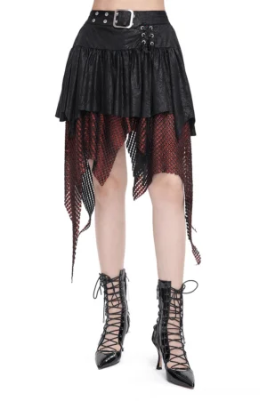 Black and red asymmetrical gothic skirt front view with mesh layers and buckle waist detail worn by model