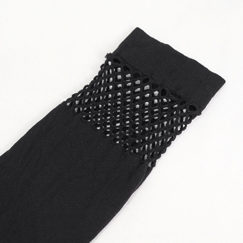 Alternative view of gothic mesh splice knee-high socks highlighting metal heart garter and asymmetrical leg design