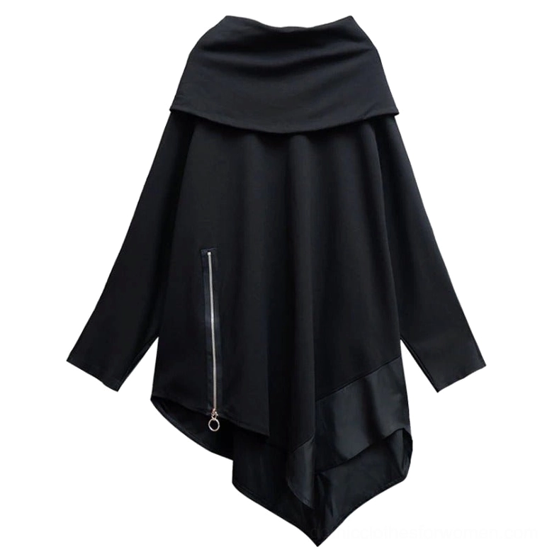 Black asymmetrical gothic sweatshirt with cowl neckline and side metal zipper ring pull, flat lay front product shot