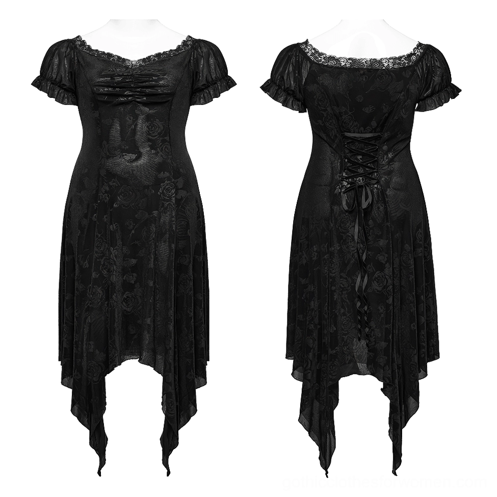 Black velvet rose floral gothic asymmetrical dress full front view on mannequin, displaying ruched bust and lace-trimmed neckline