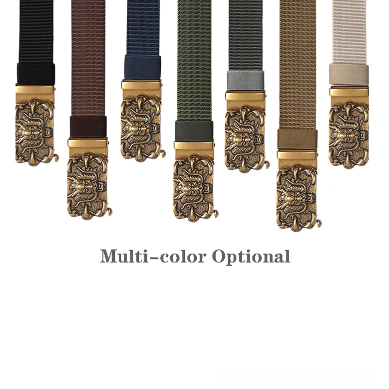 Complete gothic nylon belt collection showing six color options with unified dragon buckle design