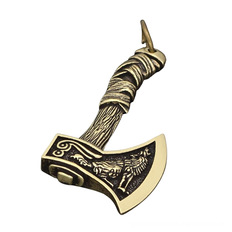 Bronze Viking axe pendant with wolf engraving and wrapped textured handle design
