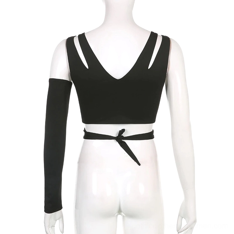 Black gothic backless crop tank top with V-shaped back and adjustable tie-up waist strap - back full view