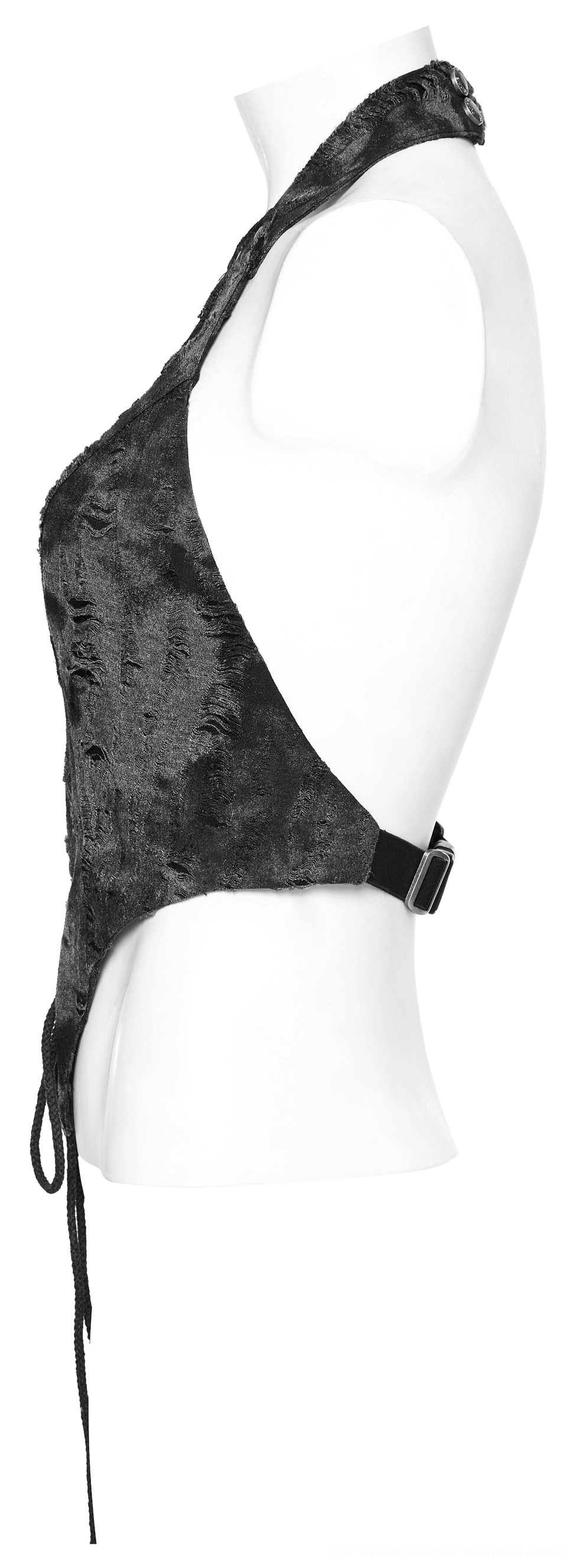 Side rear view of backless gothic crop top on mannequin showing open back design, adjustable waist strap, and hanging tie ends