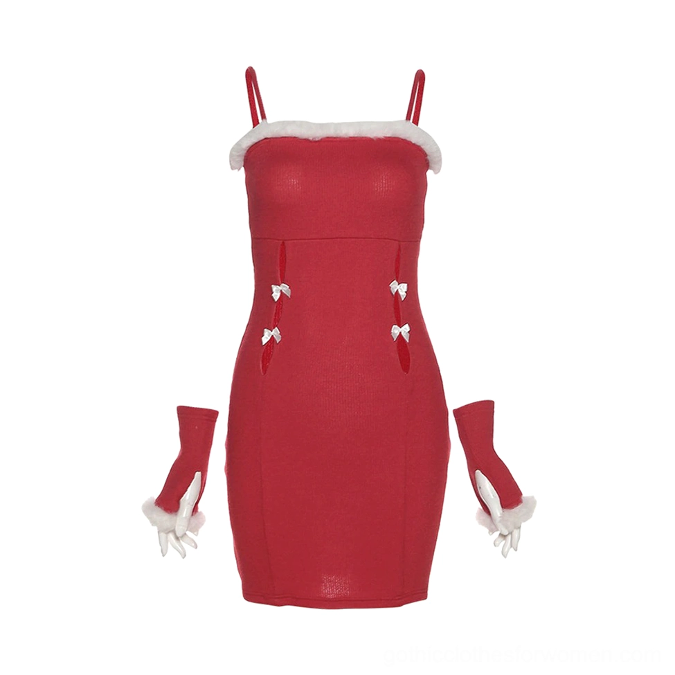 Backless gothic mini dress with bow decorations on mannequin, solid red color showing complete front silhouette