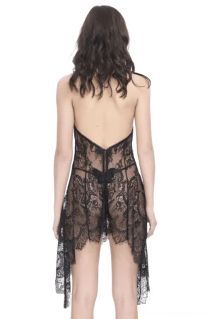 Black gothic lingerie set showing completely open backless design, asymmetric hem, and floral lace details from back view