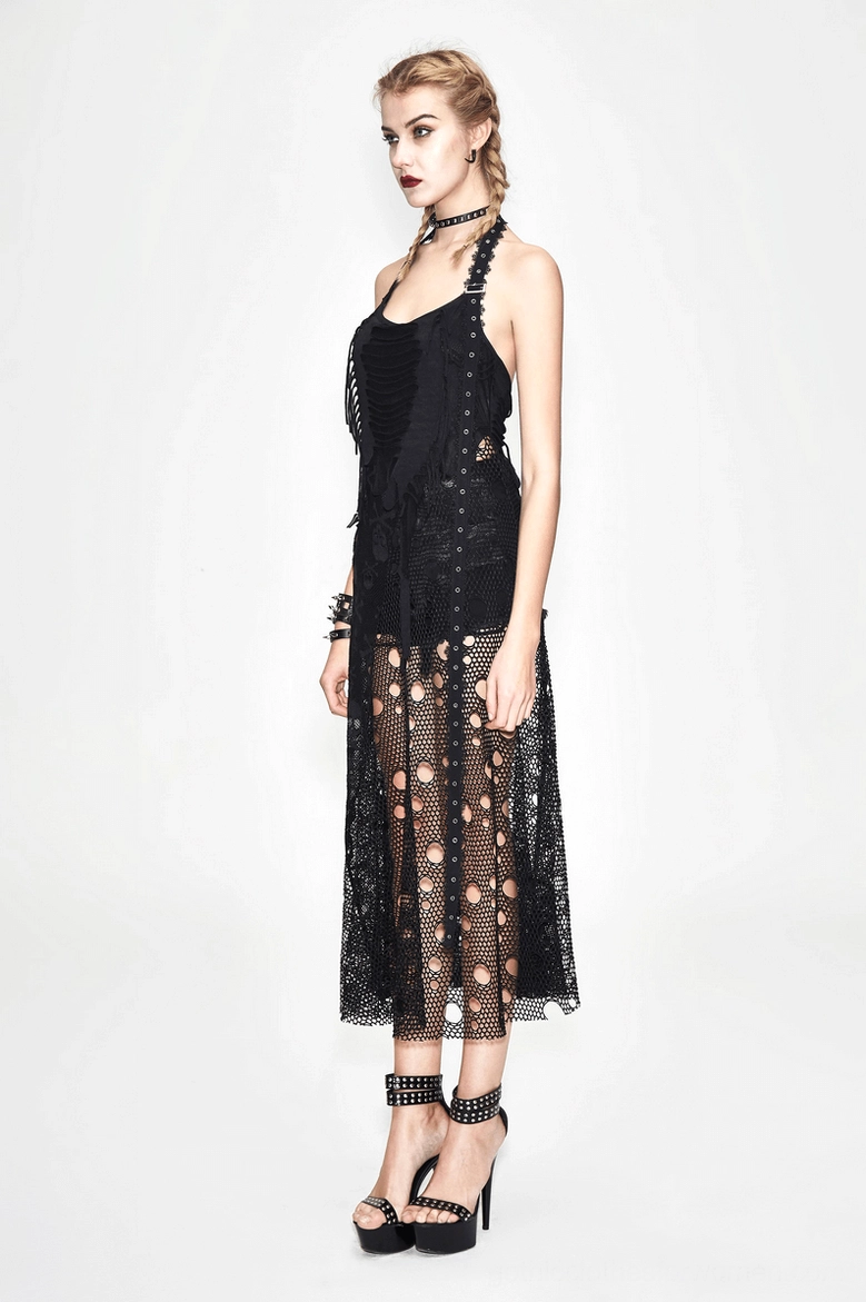 Black gothic backless maxi dress featuring skull fishnet skirt and asymmetrical halter strap