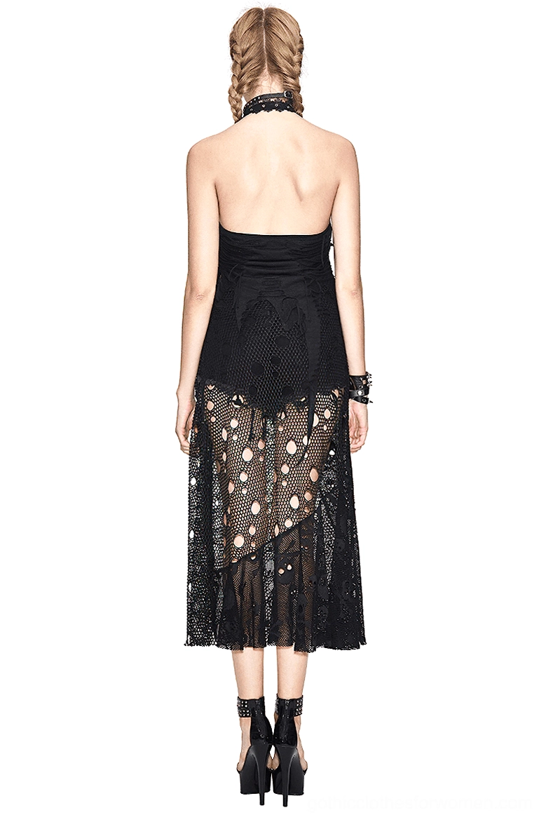 Black gothic backless maxi dress with skull print fishnet skirt, full back view showing halter design