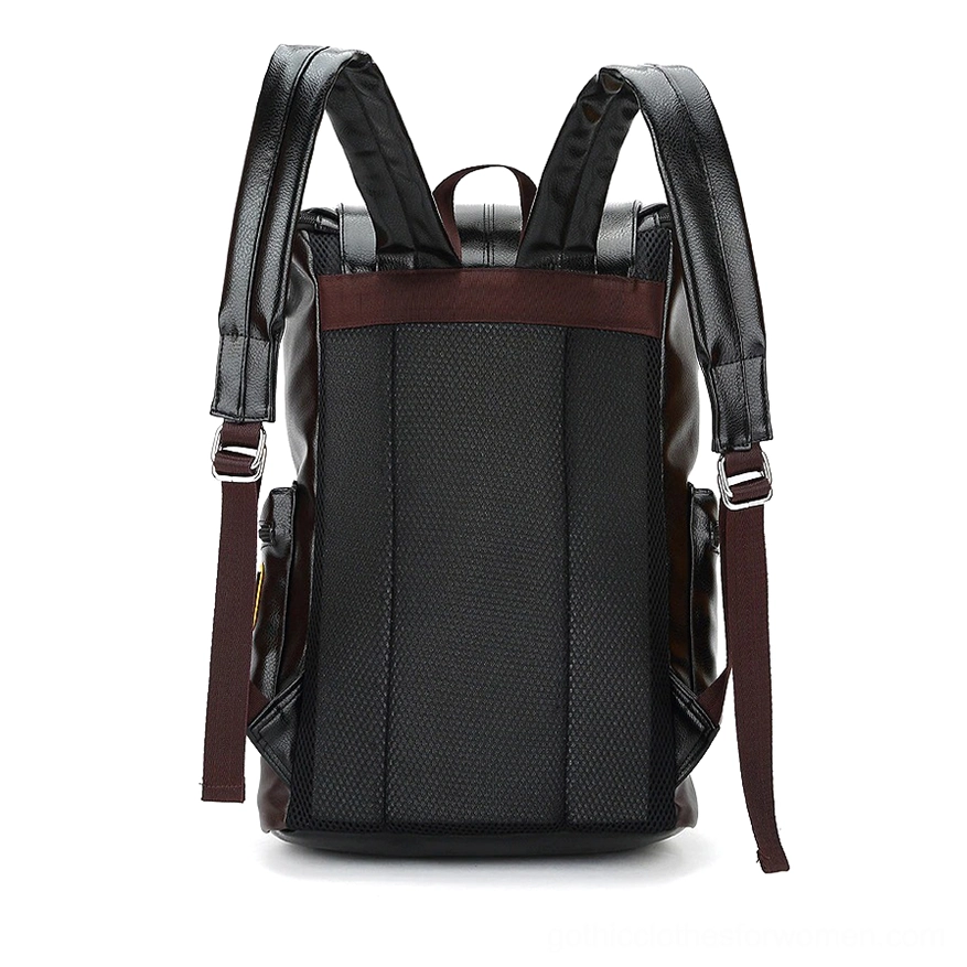Black gothic backpack rear close-up showing breathable mesh back panel and brown waist strap details