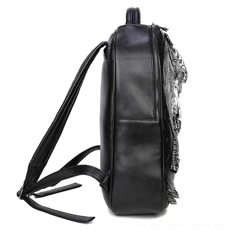 Gothic viking skull leather backpack back view showing construction quality and strap attachment