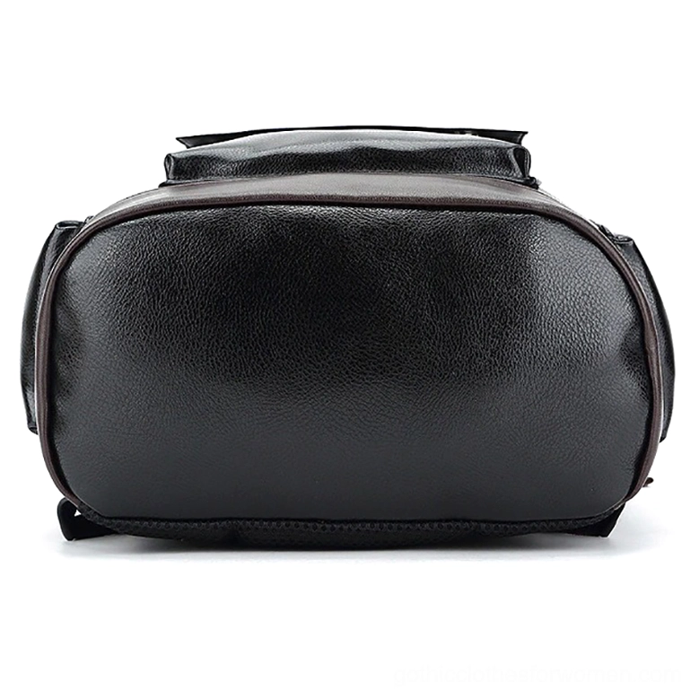 Black gothic backpack bottom view showing smooth PU leather construction and brown edge trim