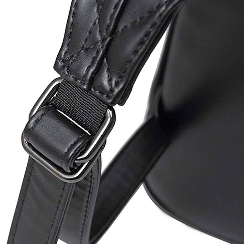 Gothic Backpack Bottom View - Spiked Top Trim, Silver Bat Emblem Detail, and Waterproof PU Leather Base Construction