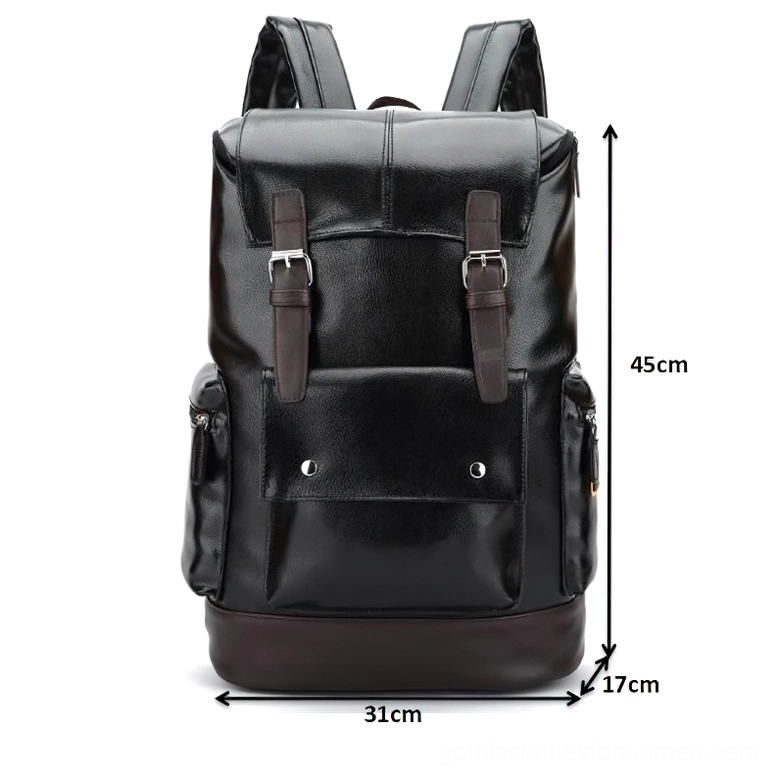 Black gothic backpack with dimensions displayed: 45cm height, 31cm width, 17cm depth measurements
