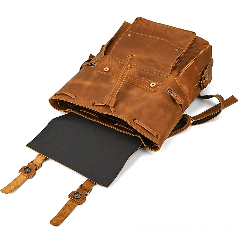 Genuine cow leather gothic backpack flap closure hardware detail