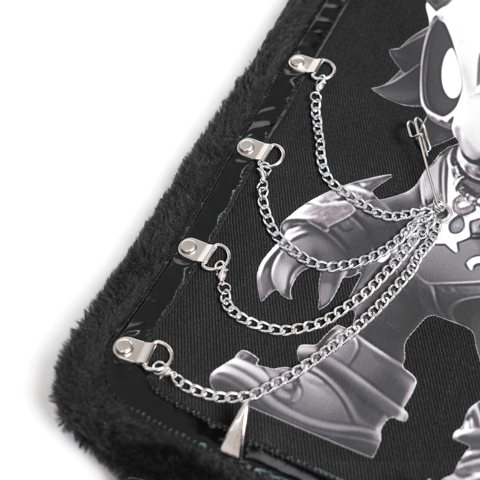 Gothic demon backpack flat lay or display showing overall silhouette, print clarity and construction quality of chains, rivets and fur elements
