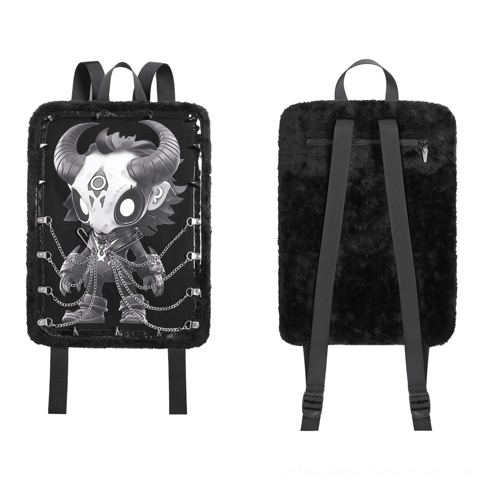 Front and back display of gothic demon backpack showing printed panel design and concealed back zipper pocket against white background