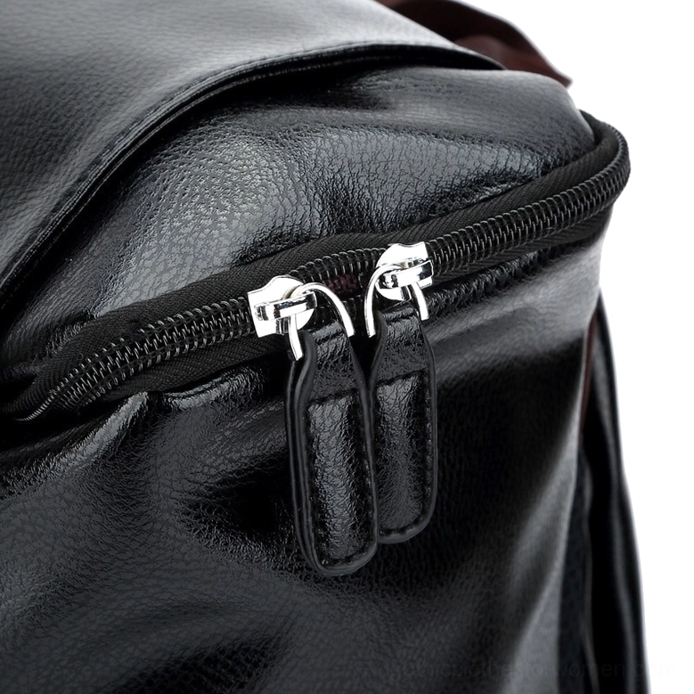 Black gothic leather backpack interior compartment organization with multiple storage pockets and polyester lining