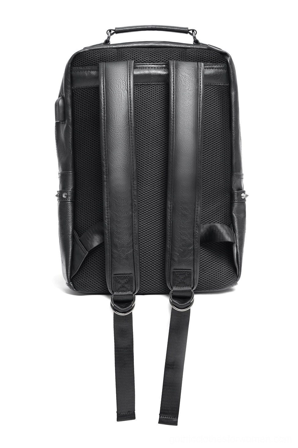 Rear view of gothic skull backpack showing padded shoulder straps, mesh back panel and adjustable leather straps