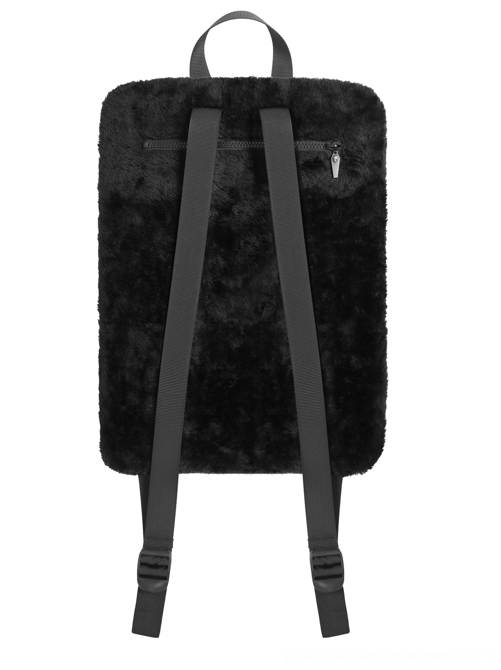 Rear view of gothic backpack displaying black plush fabric, nylon shoulder straps and concealed zipper pocket for secure storage