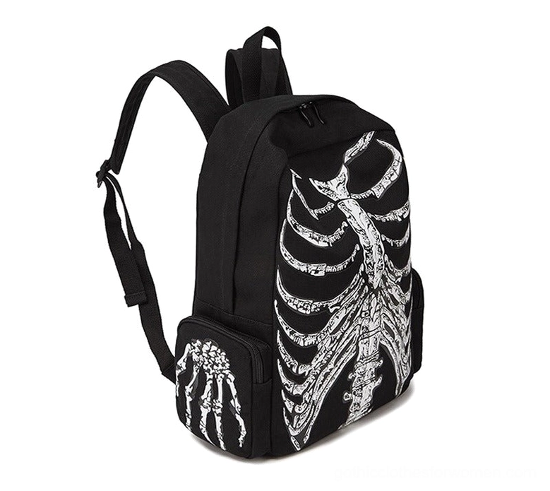 Gothic skeleton backpack three-quarter angle showing padded shoulder straps and ribcage print