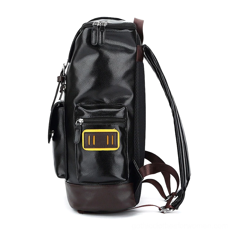 Black gothic leather backpack side view showing adjustable shoulder straps and zipper pocket design