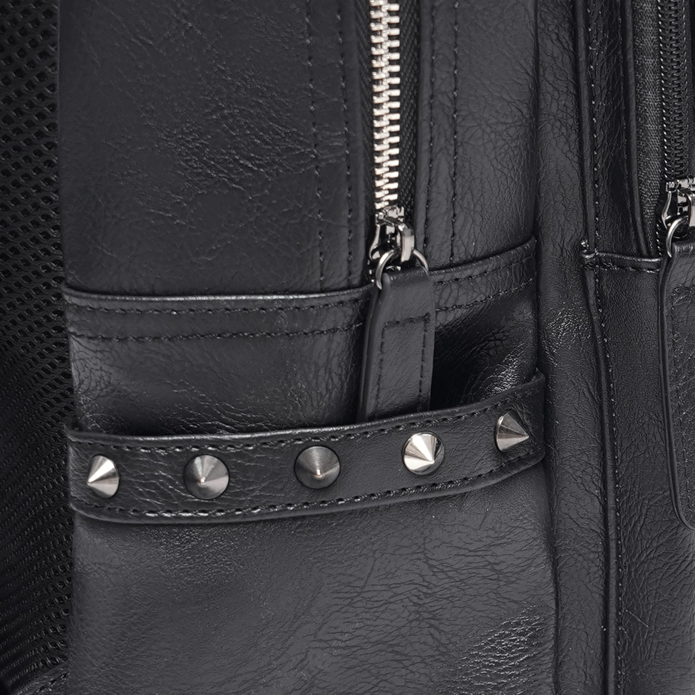 Black gothic pentagram chain skull backpack detailed texture showing synthetic leather and metal hardware craftsmanship