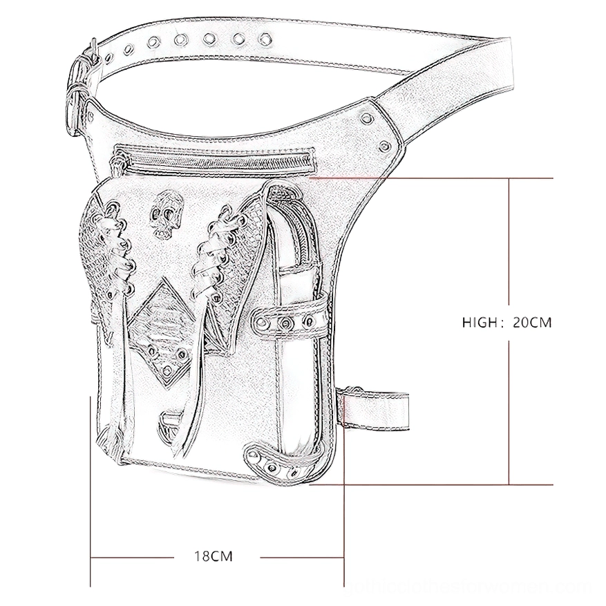 Steampunk gothic bag design blueprint showing width and height measurements