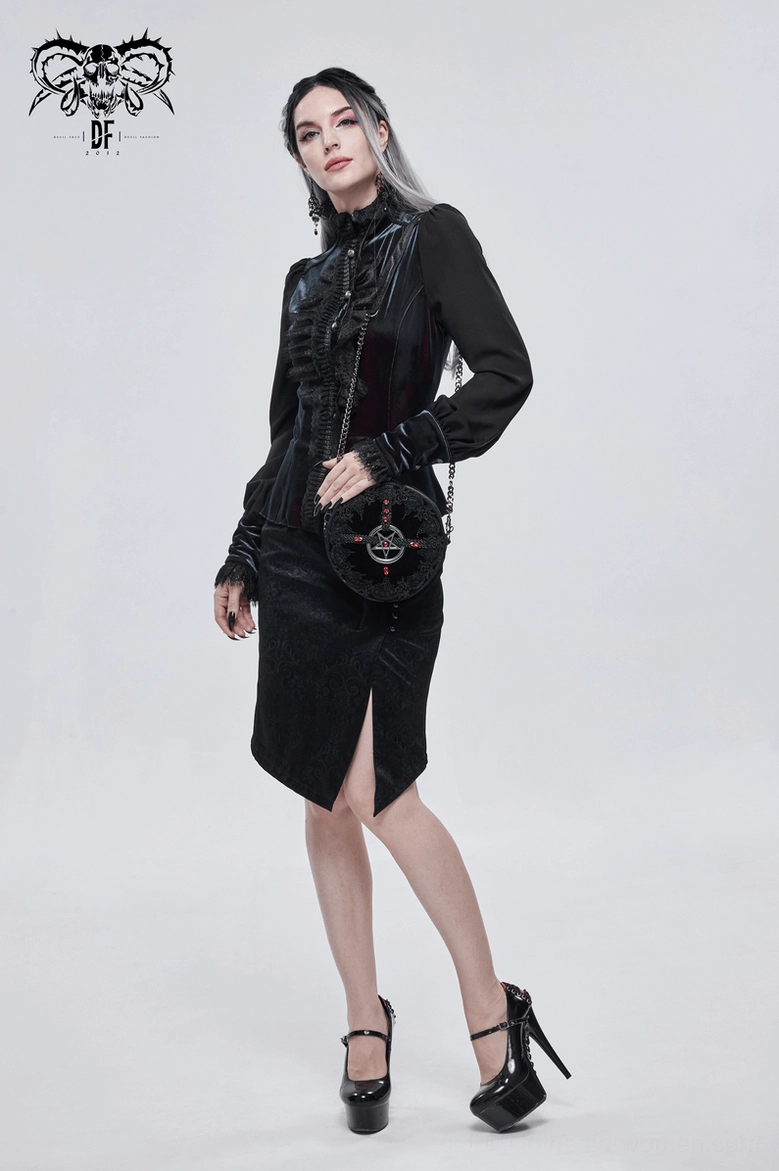 Gothic round bag fabric strap and decorative element detail showing quality construction and material texture
