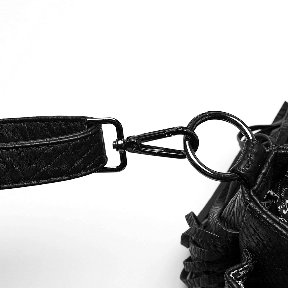 Black pebbled leather bag strap with metal snap buckles - shoulder carry hardware detail
