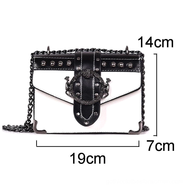 Black and white contrast gothic studded shoulder bag with size measurement 19x14x7cm and metal chain strap