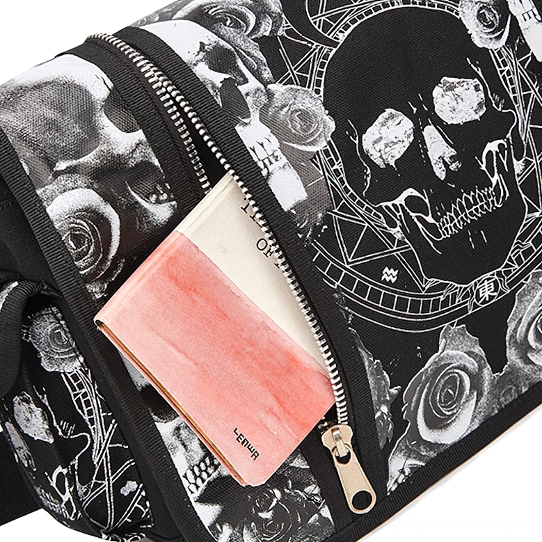 Close-up of gothic bag zipper pocket showing skull and pentacle print design with metal zipper hardware