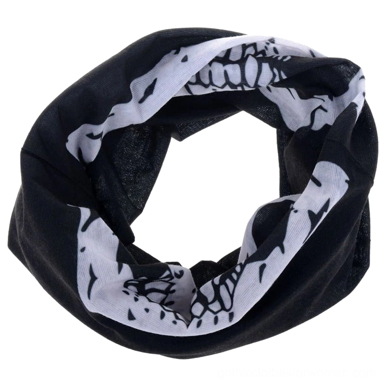 Skull gothic balaclava seamless tube construction, showing elastic stretch material quality