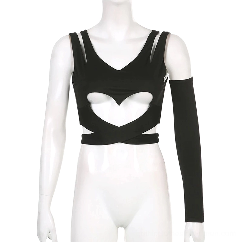 Black bandage style gothic tank top with heart chest cutout, dual shoulder straps and single asymmetrical sleeve - mannequin front view