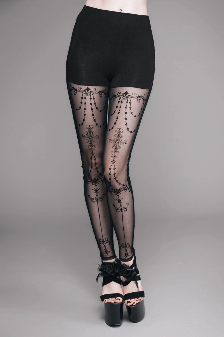 Gothic mesh leggings styling showcase, demonstrating form-fitting silhouette and transparent baroque pattern overlay on model