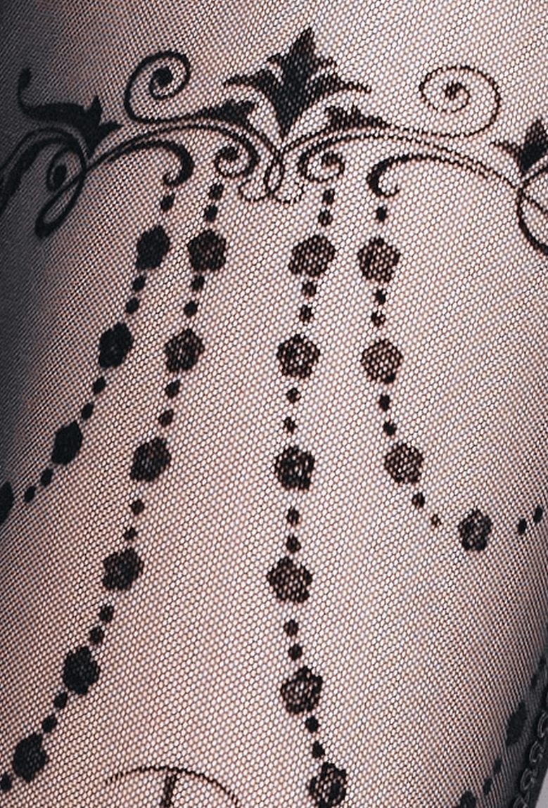 Baroque chain and floral pattern print on sheer mesh material used in gothic leggings transparent panels, flat lay close-up