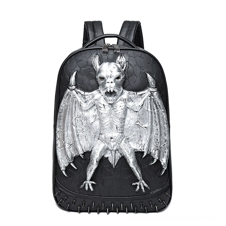 Gothic Bat Backpack Silver Variant - Waterproof PU Leather with 3D Silver Bat Emblem and Reinforced Stitching