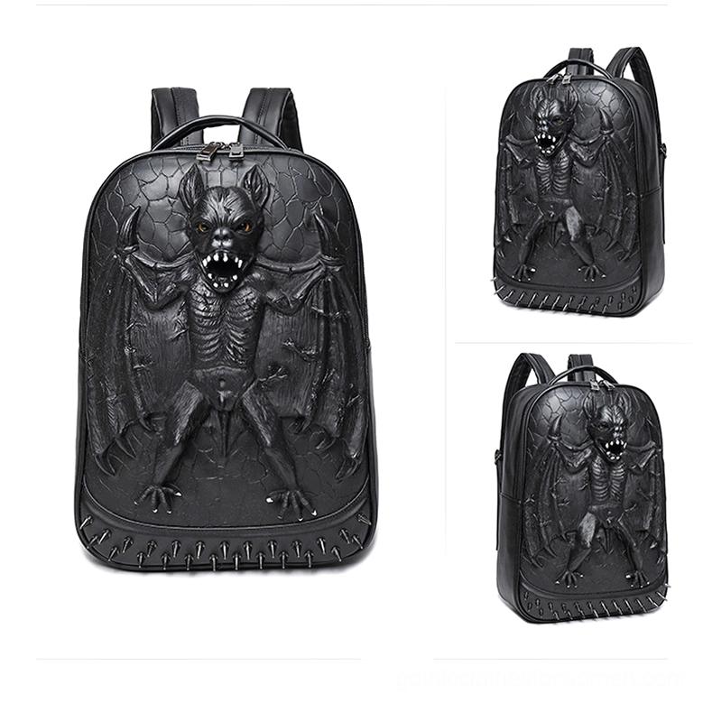 Black Faux Leather Gothic Bat Backpack with Spiked Bottom Trim and Embossed 3D Bat Emblem - Rock Style Alternative
